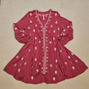 FREE PEOPLE Red Bohemian Embroidered Asymmetrical Empire Waist w/Ties Top Size S